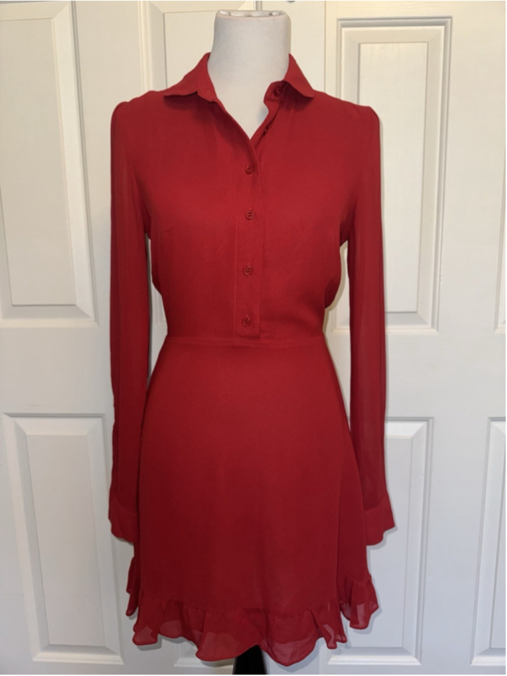 Reformation Red Mini Dress Romantic Coquette Sheer Sleeves Ruffle Hem Feminine 4